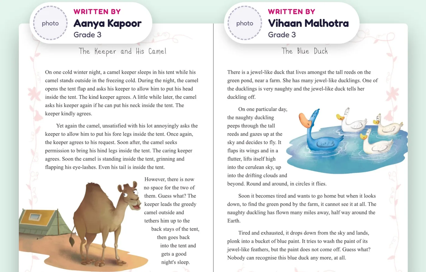 A spread from the published book, two stories by Grade 3 authors